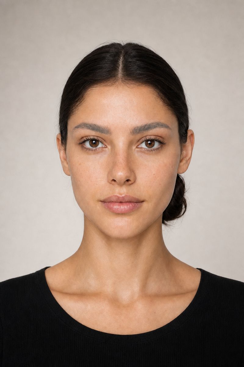 An old faded eyebrow tattoo: greyish, uneven pigment