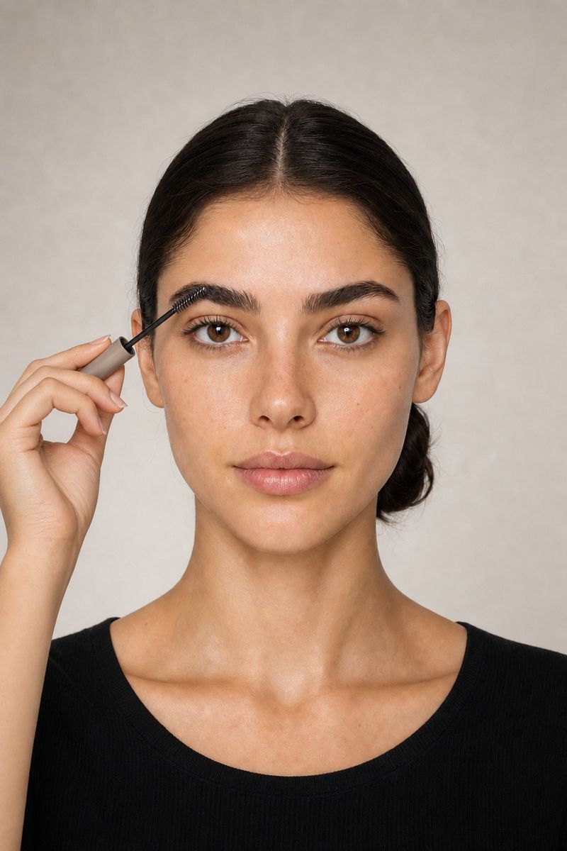 Brushing an eyebrow upward with a brow gel wand