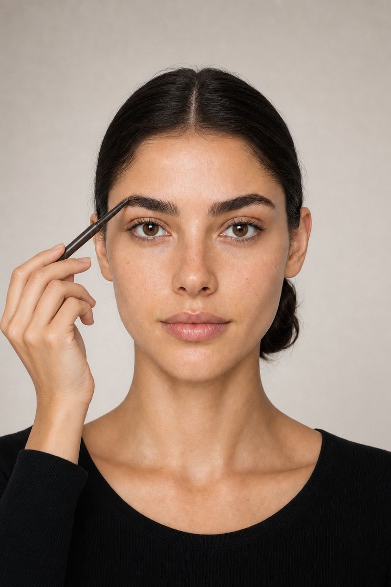 Filling in an eyebrow with a pencil in short strokes