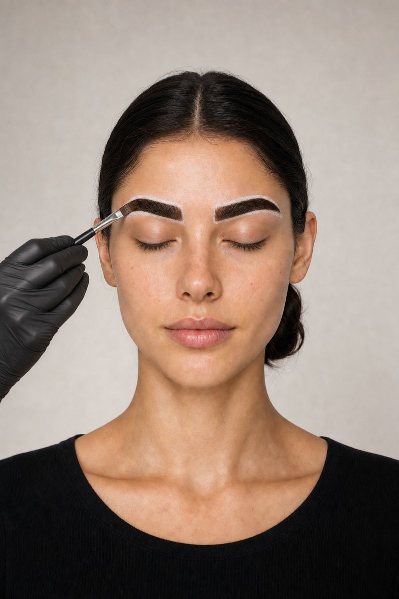 Eyebrow tinting: tint brushed on, barrier cream around the brows