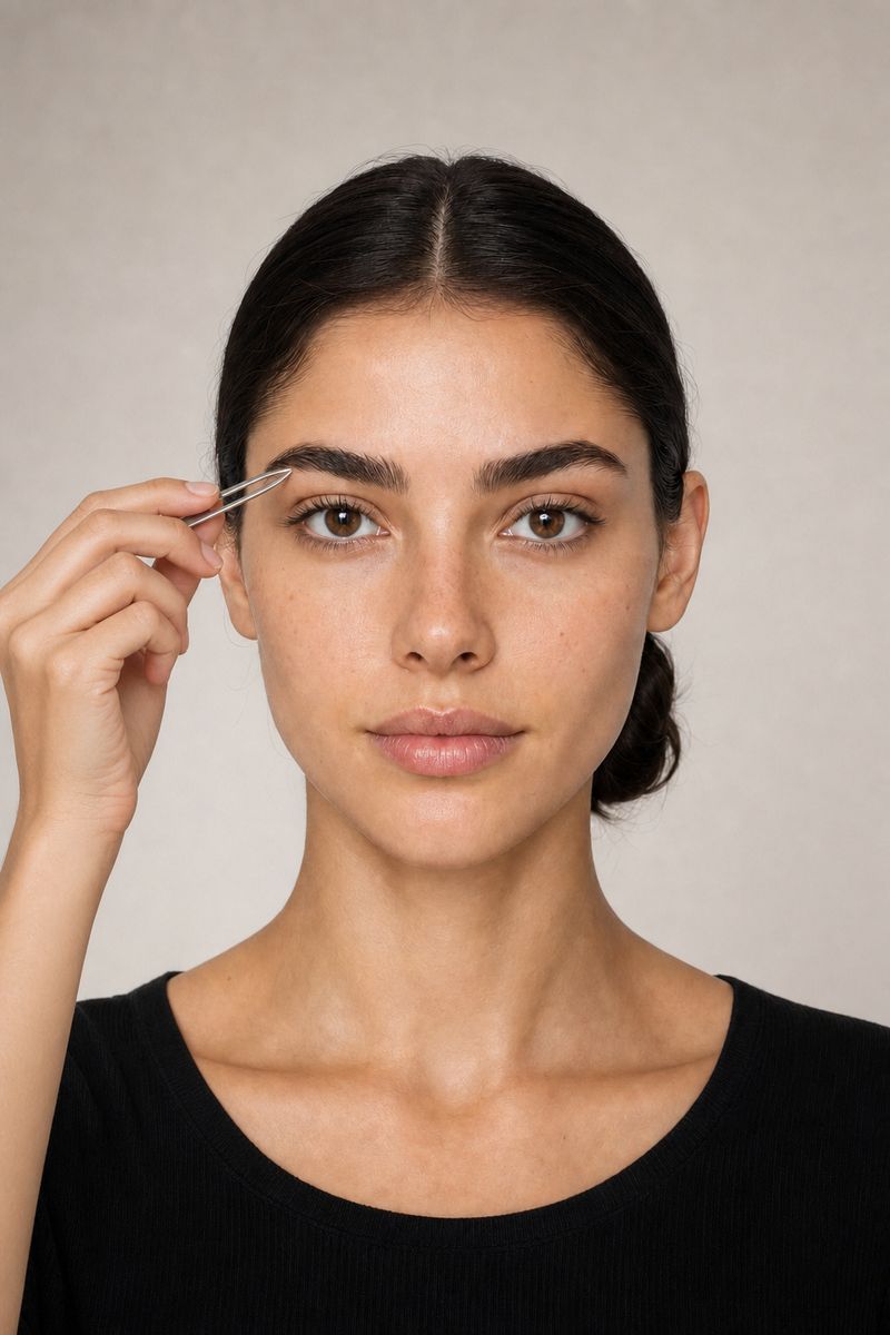 Eyebrow shaping with tweezers below the brow