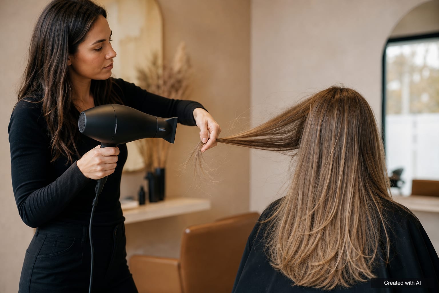 A colourist holds out a section of hair and blows it with a hair dryer so the short hairs separate before lightening