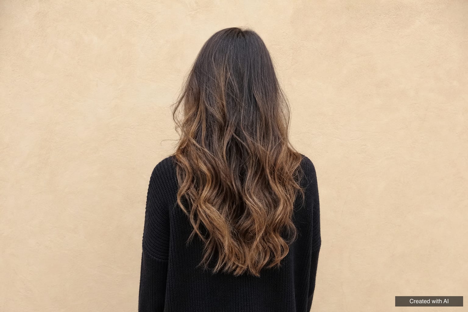 Long wavy brown hair with balayage: natural roots and lighter caramel pieces through the lengths and ends