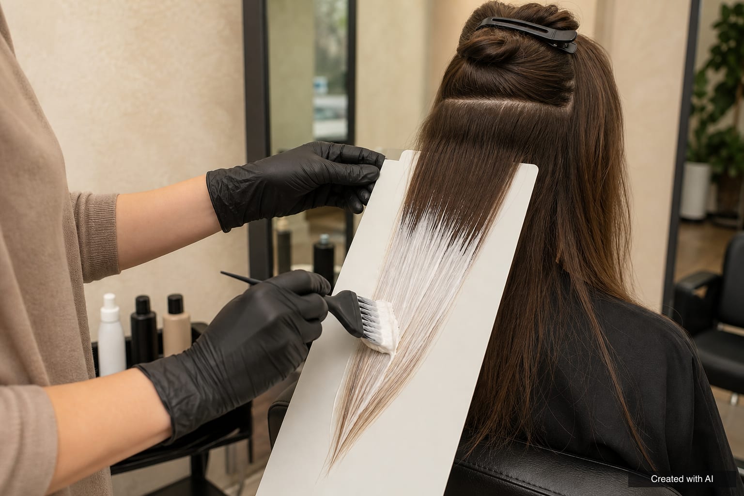 A gloved colourist paints lightener with a brush onto a section of brown hair laid on a white board, leaving the roots untouched