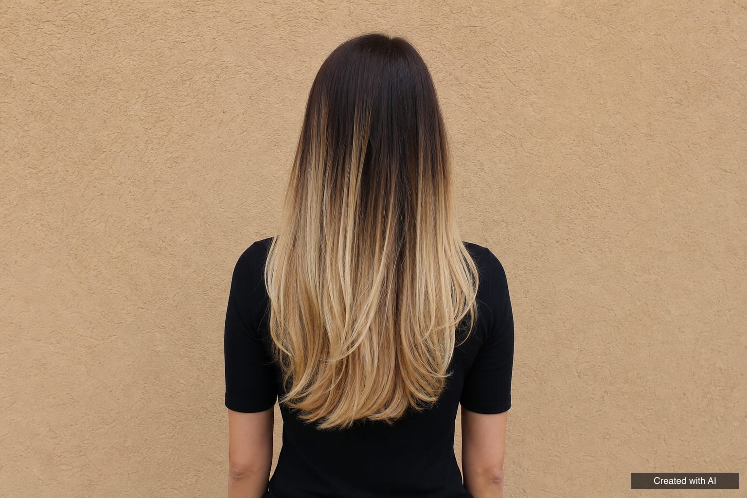 Long hair with a classic ombré: dark brown on top and evenly light golden ends all round