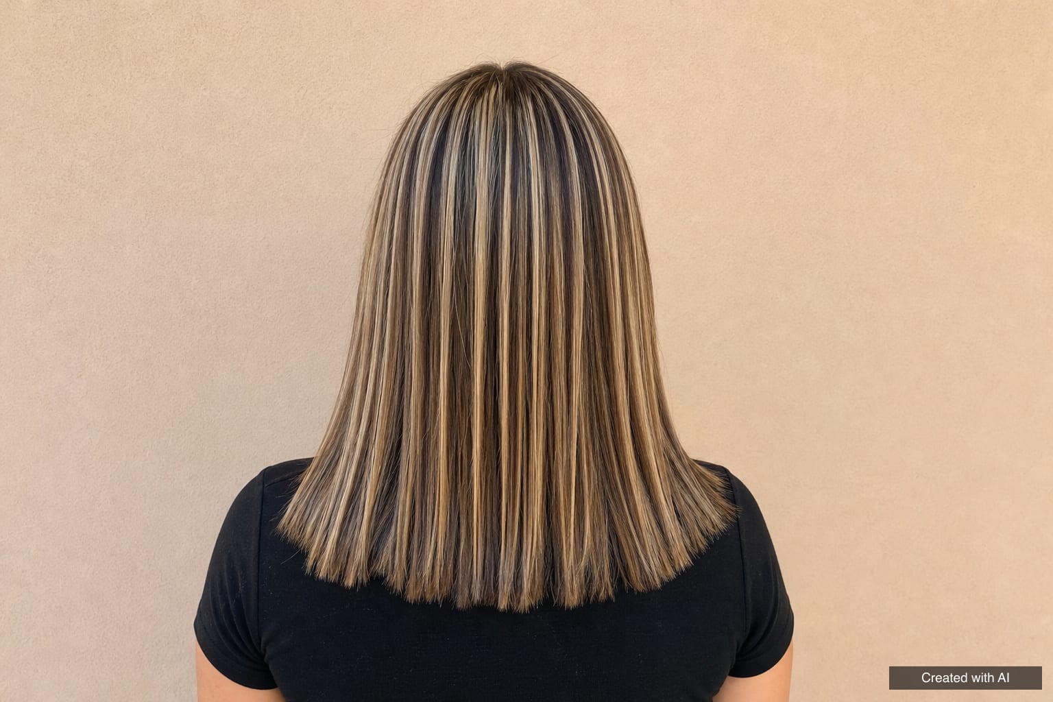 Shoulder-length brown hair with classic foil highlights: fine light stripes from root to tip