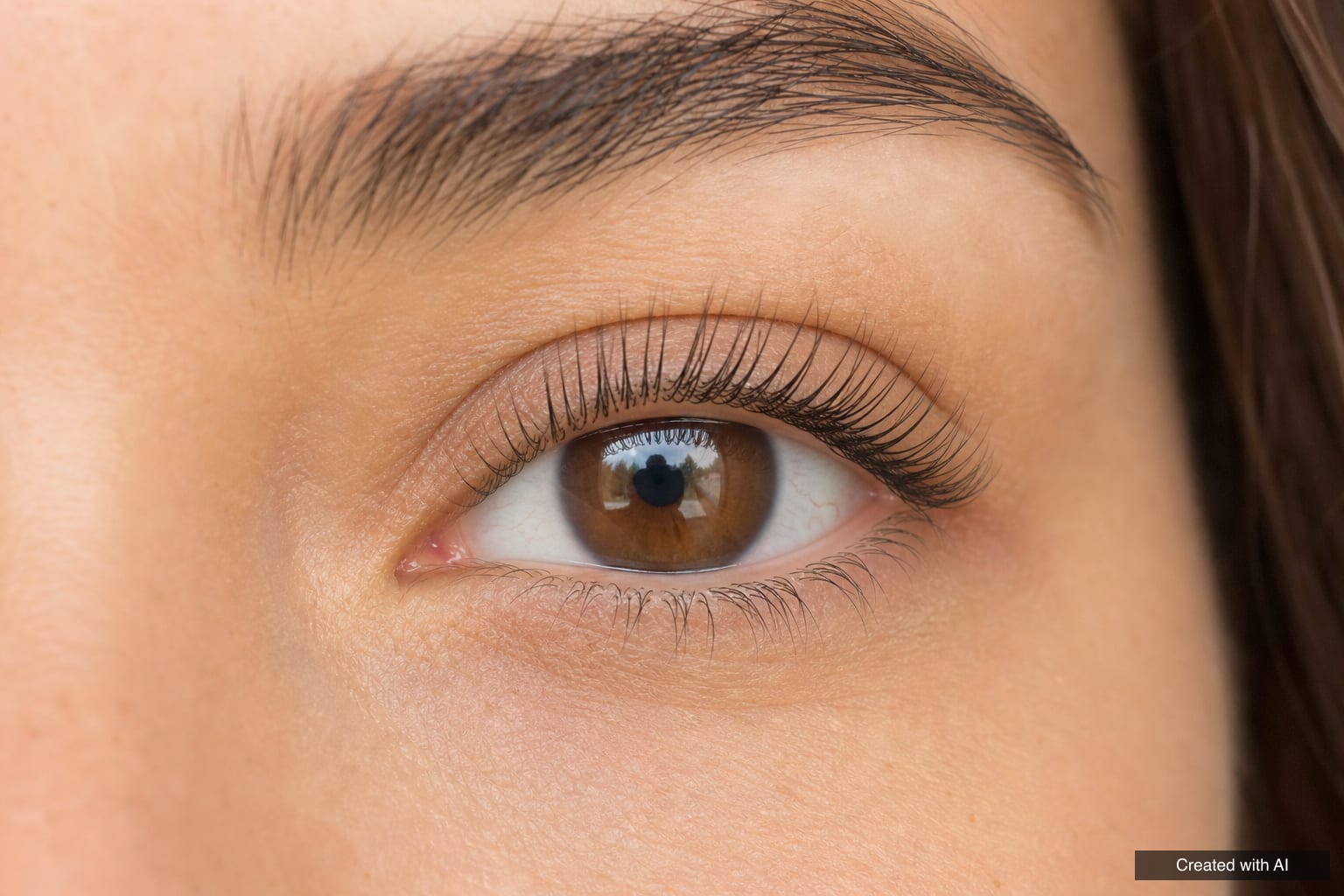 Close-up of an eye after a lash lift: the same natural lashes lifted from the root and softly curled