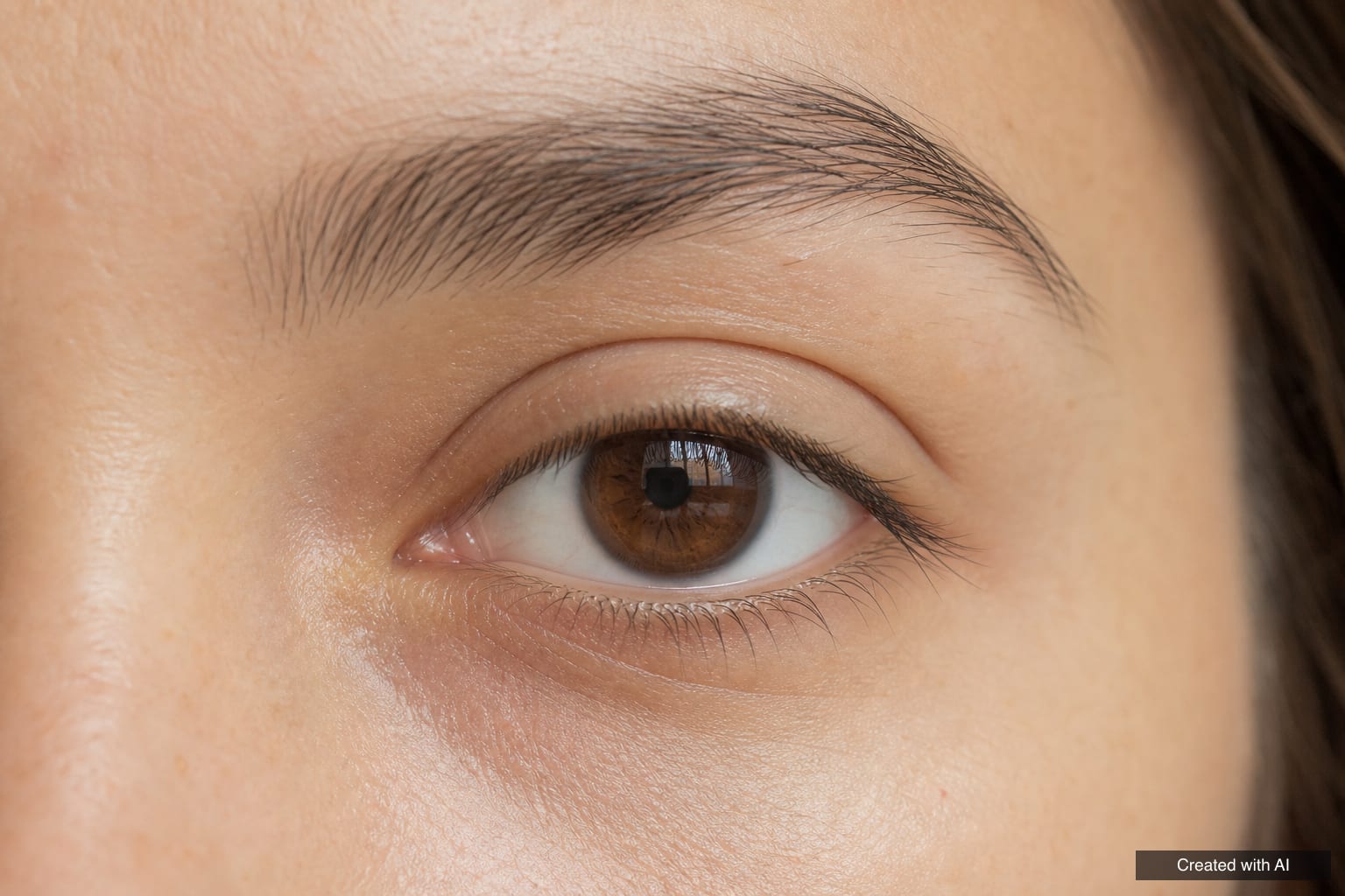 Close-up of an eye before a lash lift: natural lashes are straight and point slightly downward