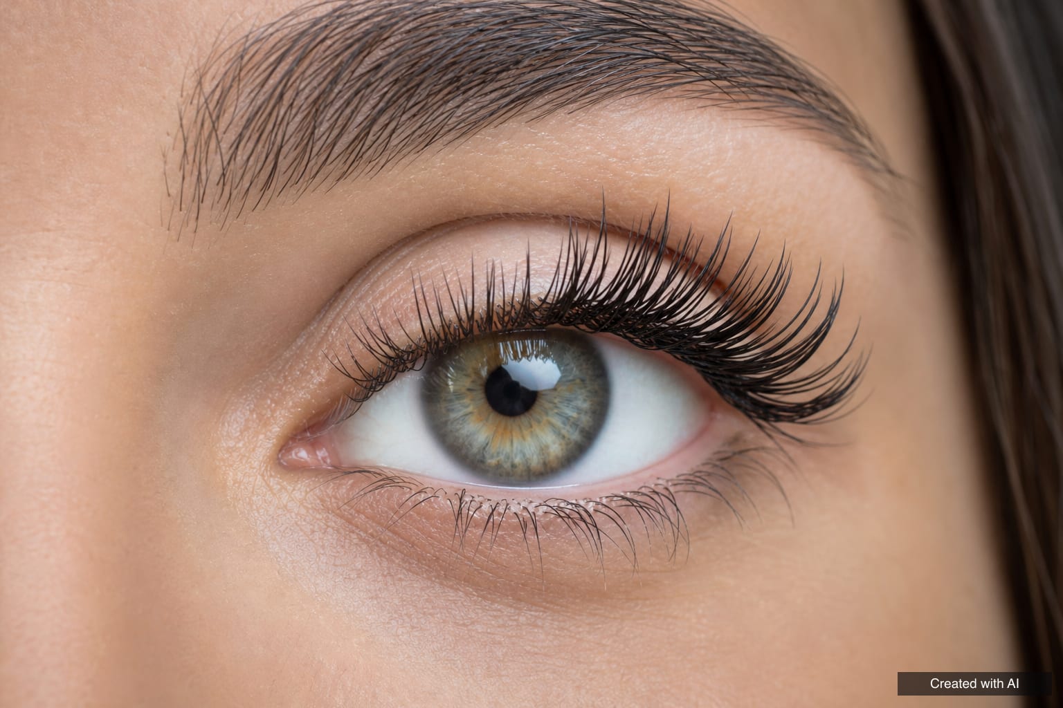 Close-up of an eye with classic eyelash extensions: longer, dark, evenly spaced synthetic lashes