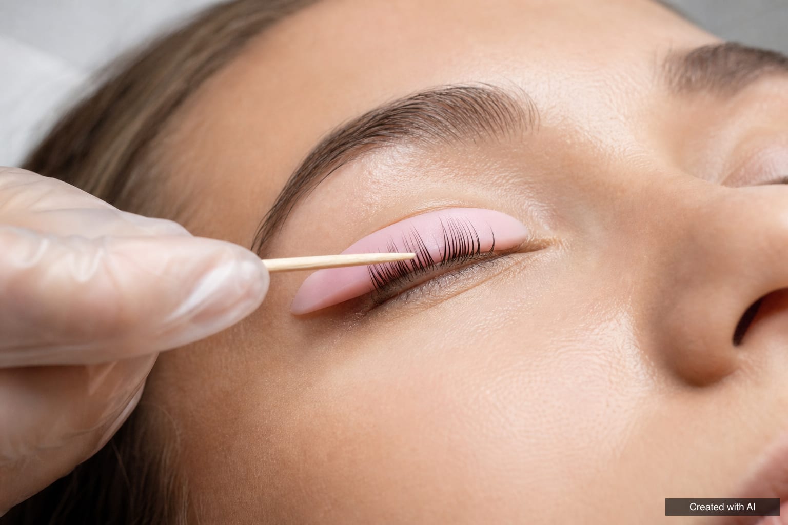 Close-up of a closed eye with a pink silicone shield on the lid and the lashes combed upward onto it, with a wooden applicator stick