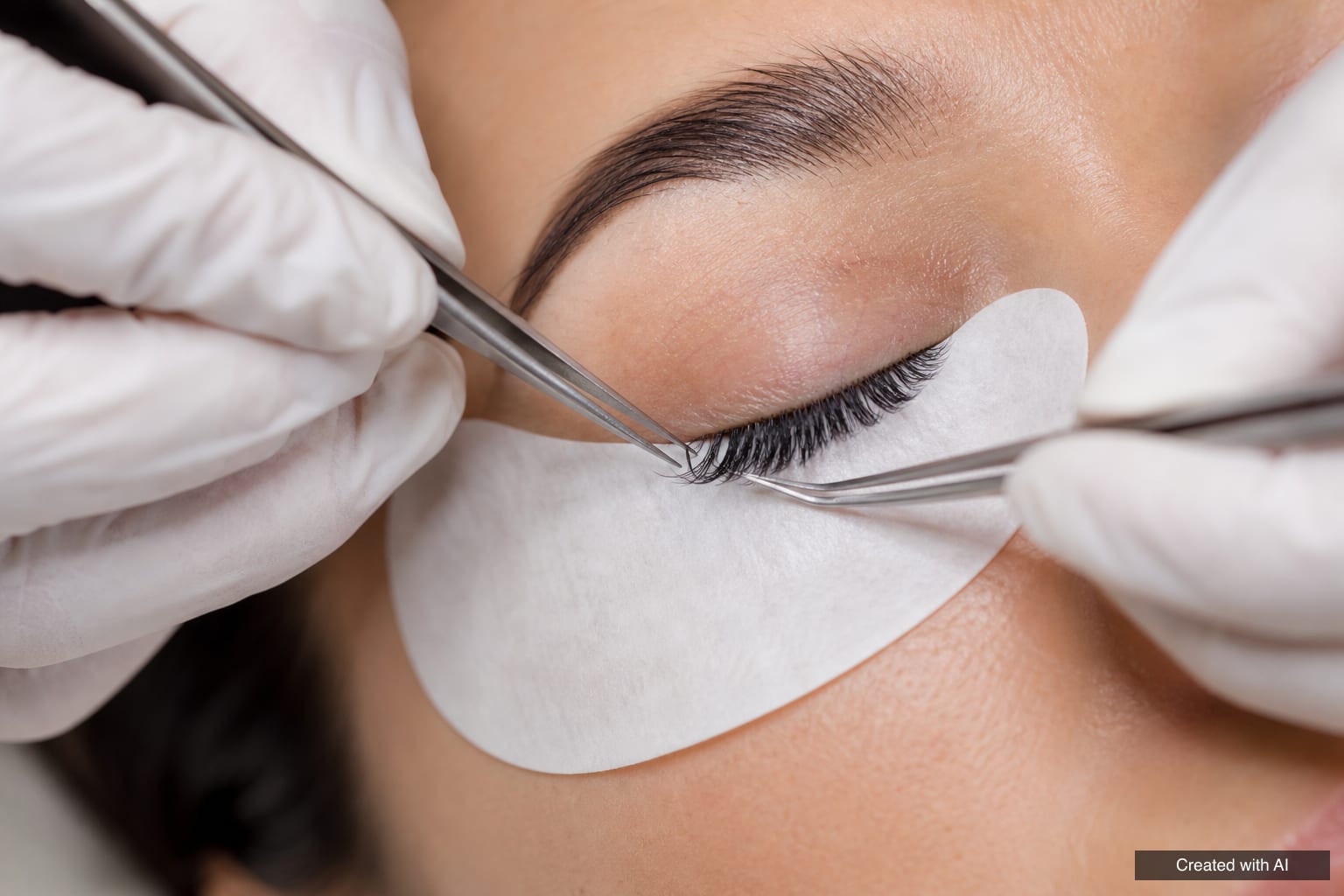 Eyelash extension application: a white pad under the lower lashes while two pairs of tweezers isolate a natural lash and place a synthetic one