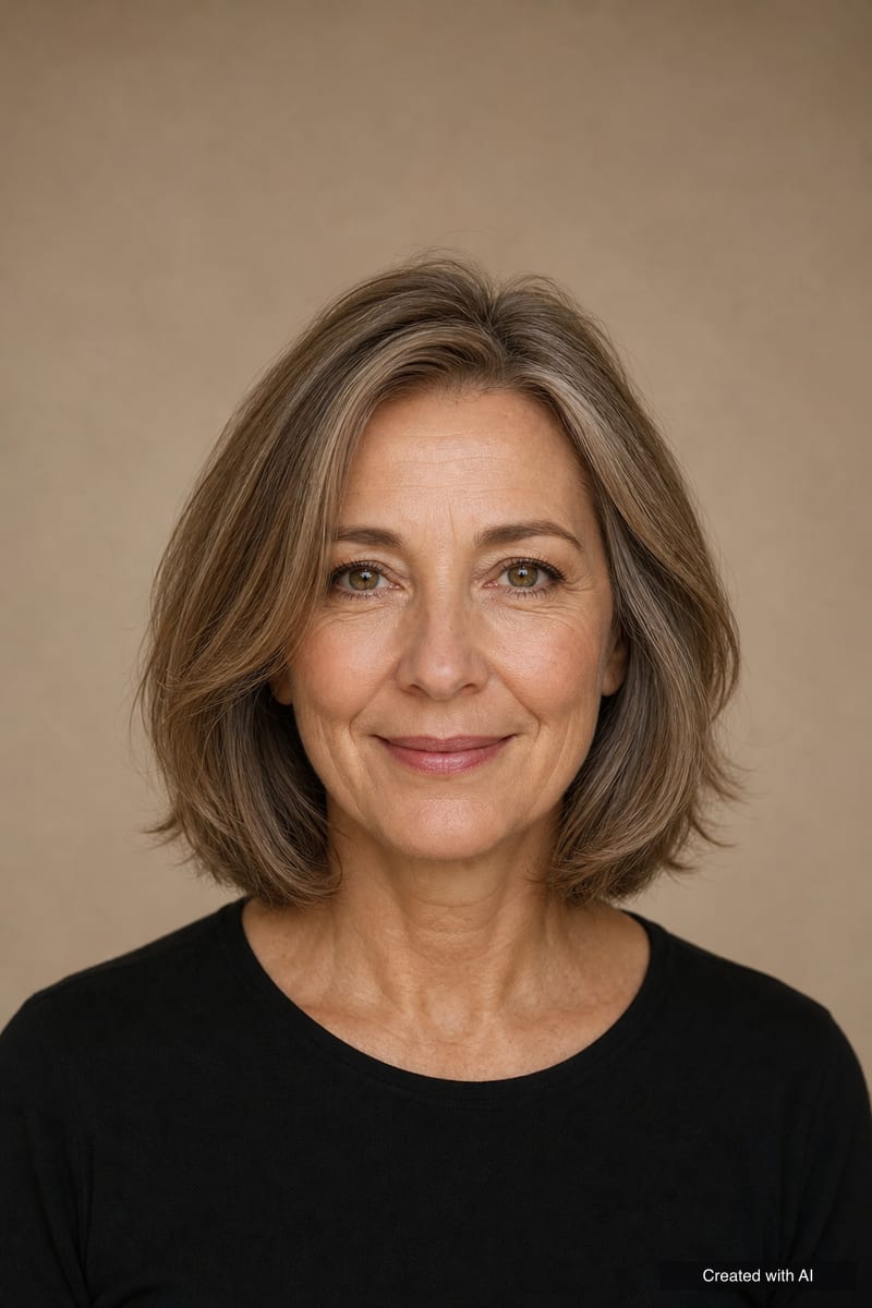 Woman in her fifties with a soft layered bob just below the chin and a side part