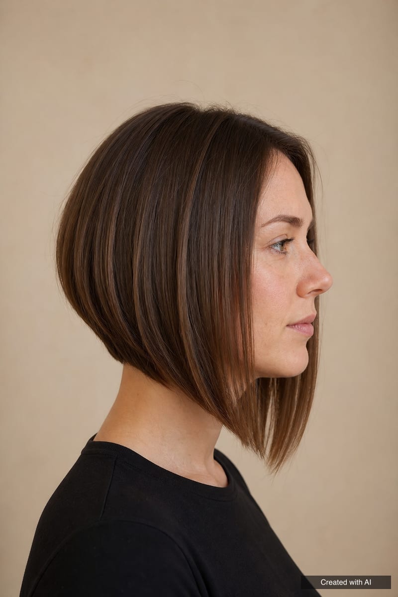 A-line bob in profile: short at the nape, longer in front below the chin