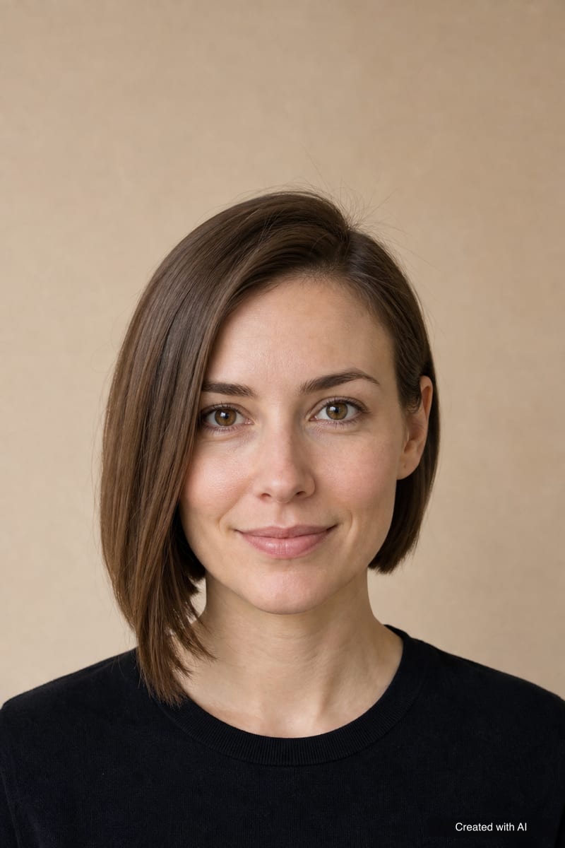 Asymmetrical bob: one side below the chin, the other shorter, deep side part