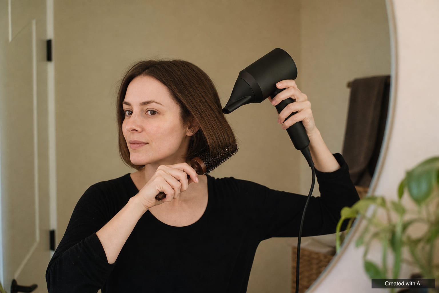 Woman at a mirror blow-drying her bob with a round brush, the dryer pointed downwards