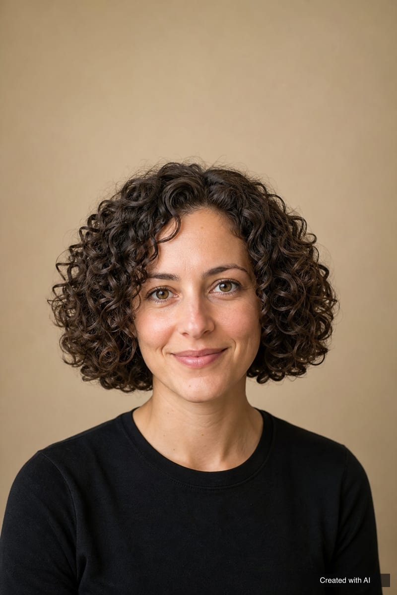 Curly dark-brown chin-length bob with a rounded shape and defined spiral curls