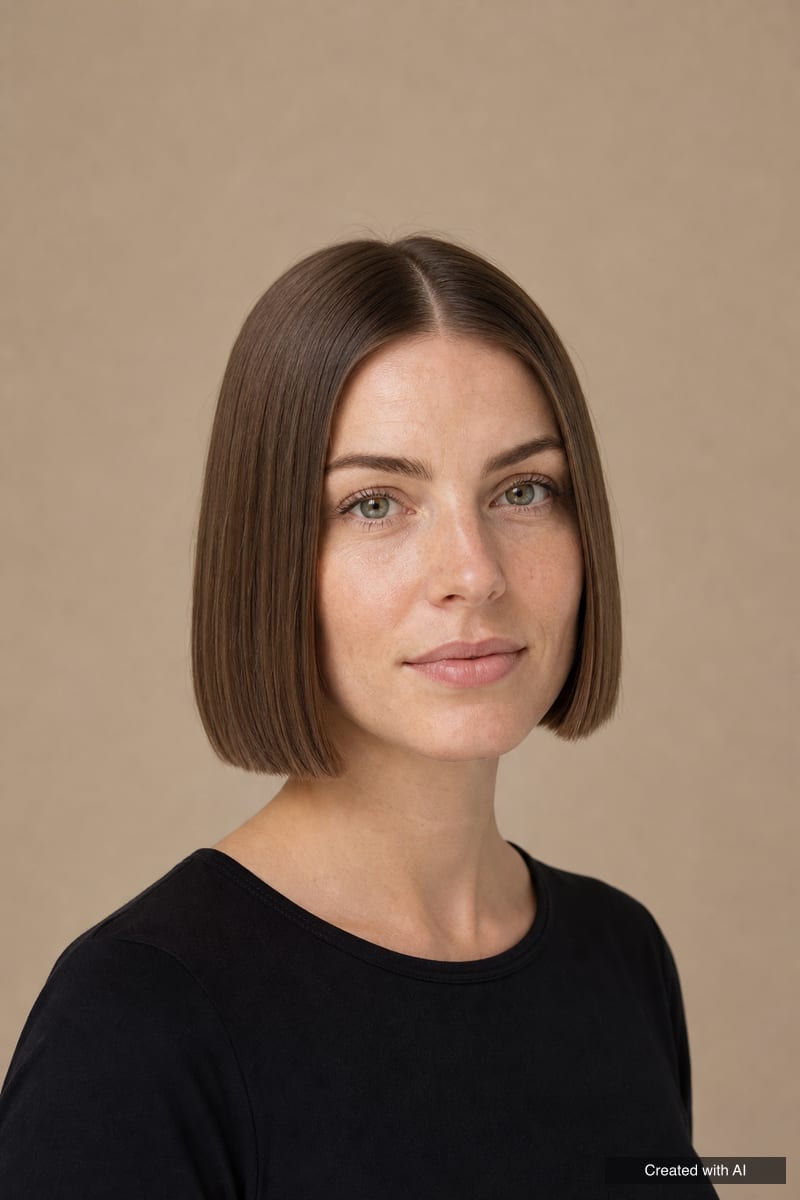 Classic straight blunt bob at jaw length with a centre part