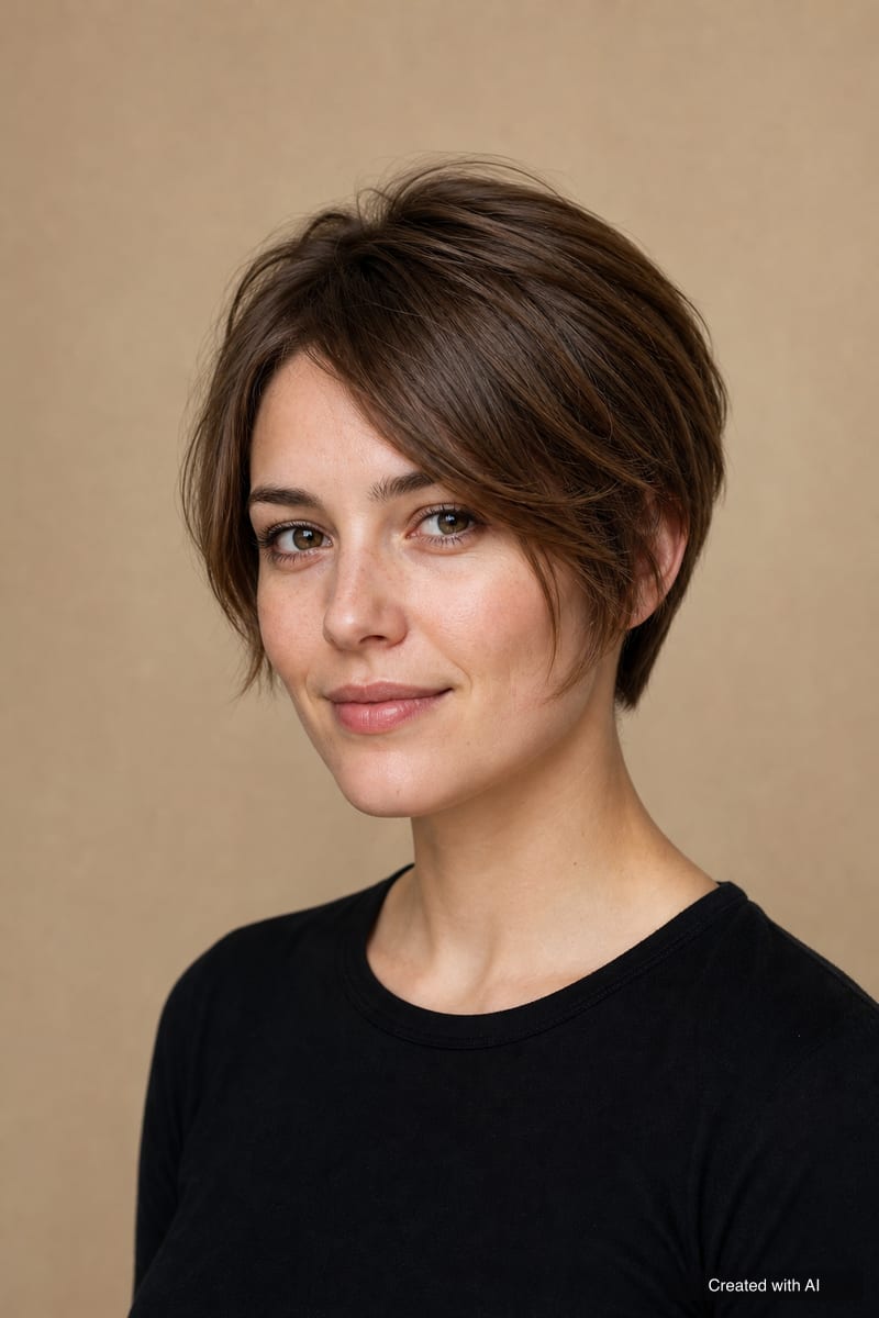 Pixie bob: short nape, longer pieces on top and a side-swept fringe