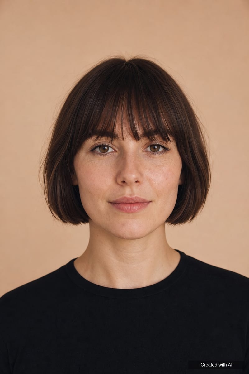 Short French bob at cheekbone length with blunt bangs to the eyebrows