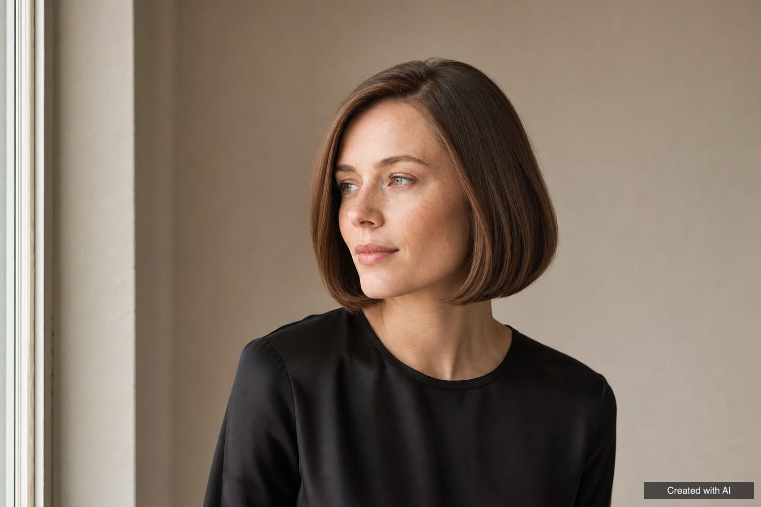 Woman with a sleek chin-length brown bob and a side part, wearing a black top by a window