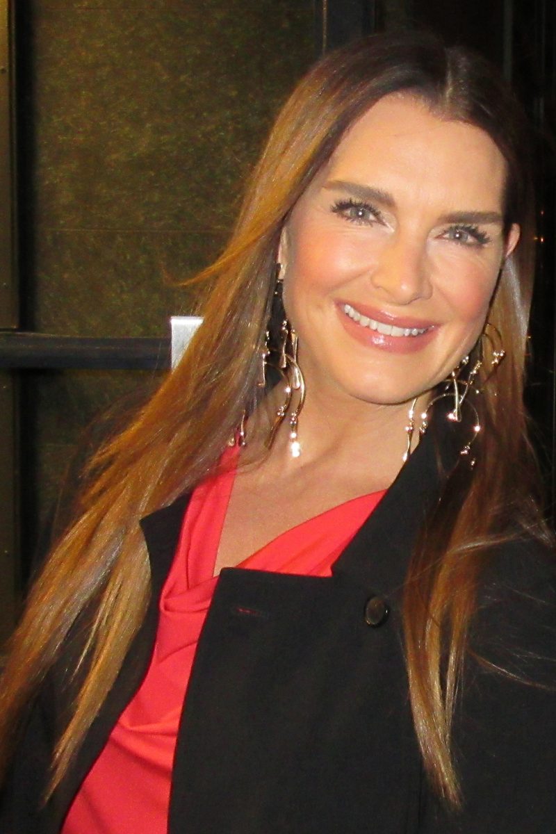 Brooke Shields smiling at an event in 2018, long brown hair, black jacket