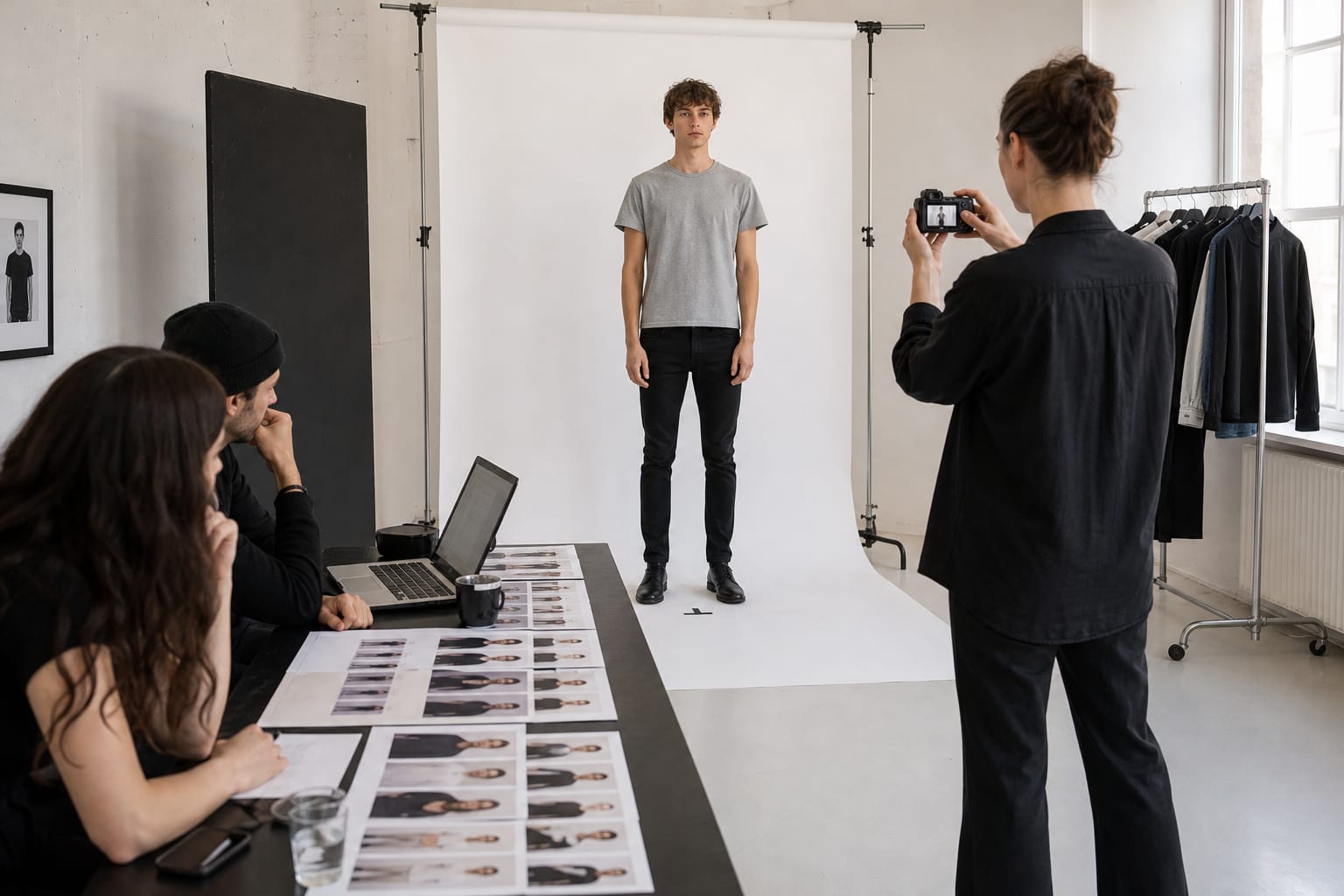 A young male model in a grey T-shirt standing on a mark in front of a white backdrop while a casting assistant takes digitals