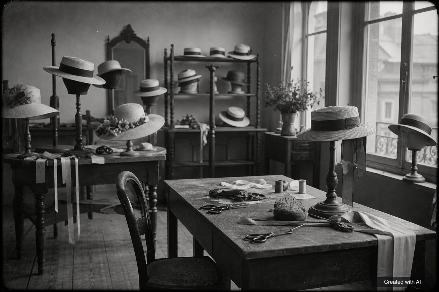 A milliner's atelier of the kind where Chanel's story begins Black-and-white 1913 milliner's atelier with straw hats on stands, ribbons and a sewing table with scissors