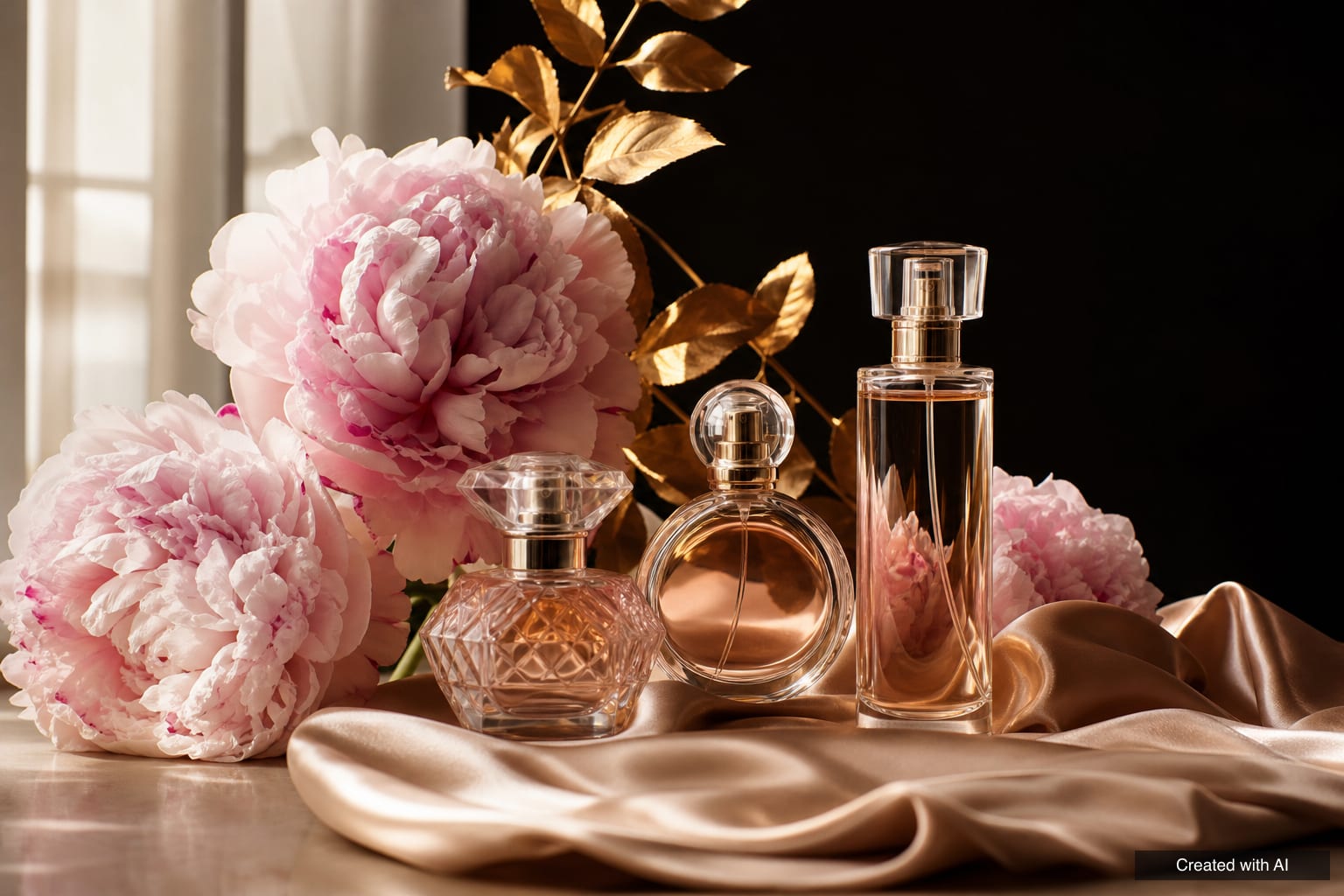 Fragrance campaigns: the biggest source of earnings Three unbranded perfume bottles on nude satin next to pale pink peonies