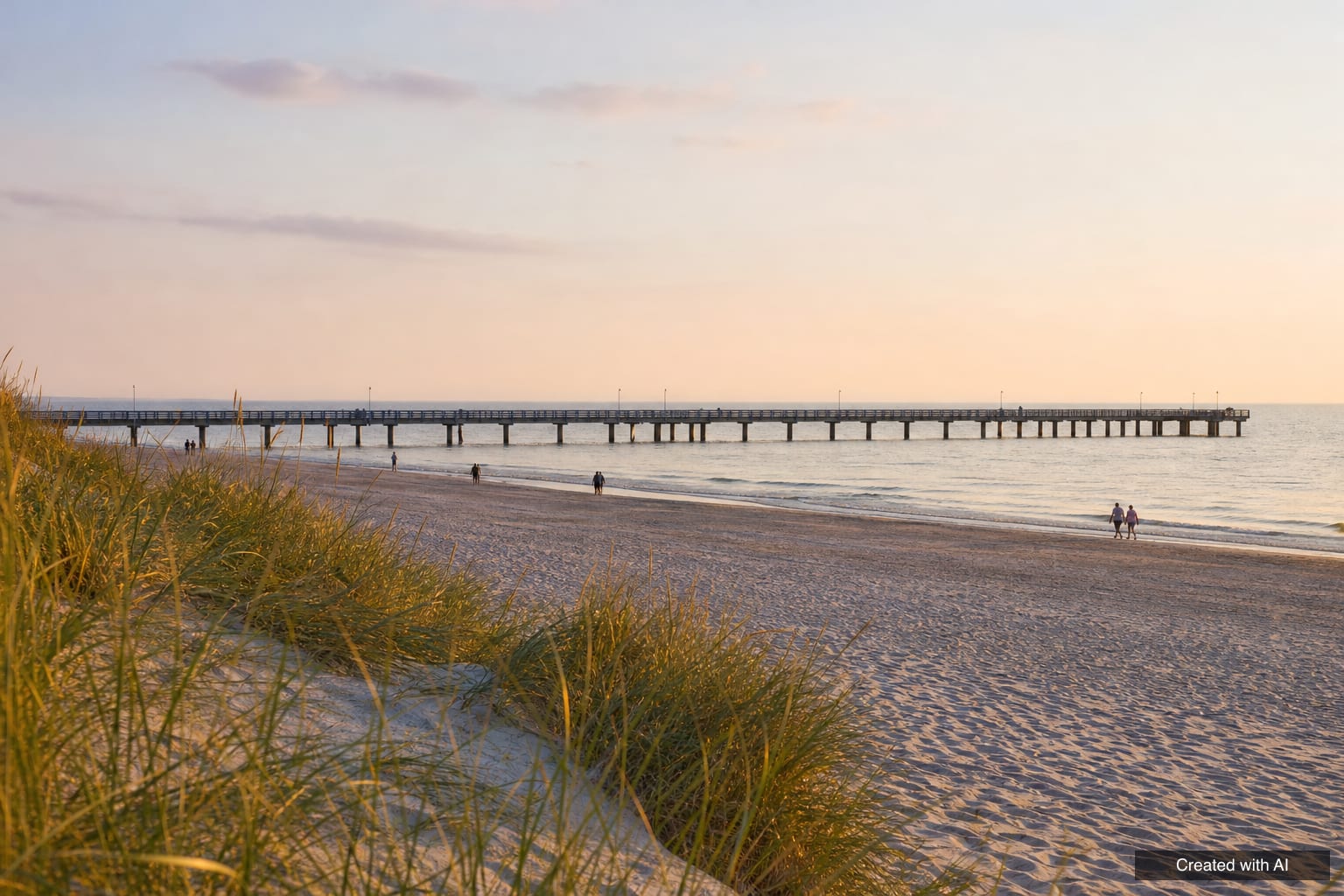 Palanga, where Edita's path began Palanga beach and pier in Lithuania in warm summer evening light, with dune grass in the foreground
