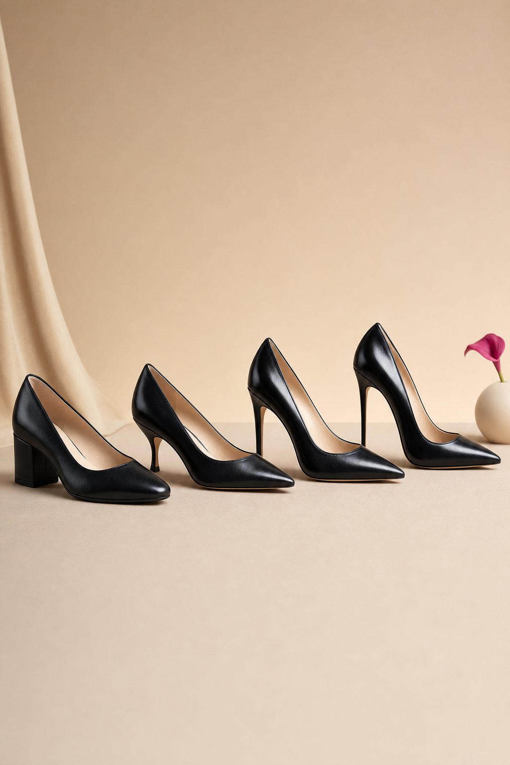 Four black shoes from easiest to hardest to walk in: low block heel, kitten heel, mid pump and high stiletto