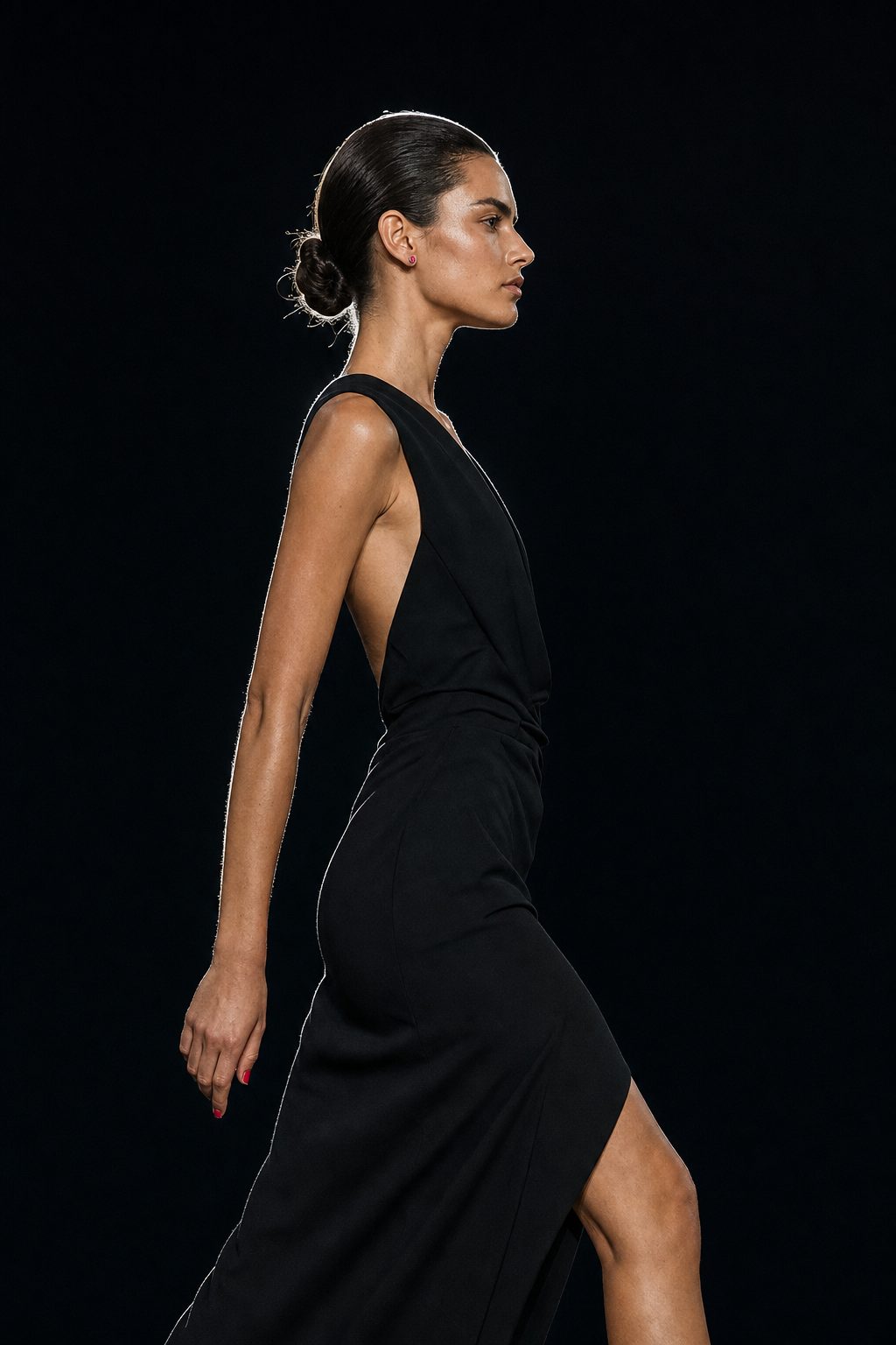 Model's runway posture from the side: long neck, chin parallel to the floor, shoulders back