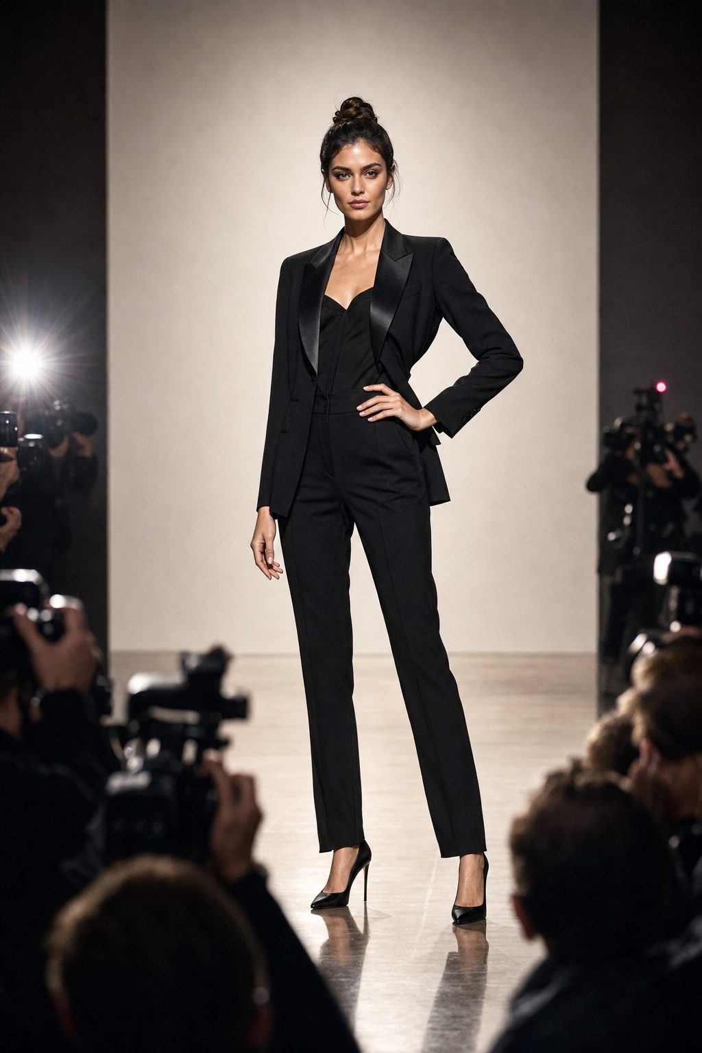 Model holding a pose for photographers at the end of the runway, weight on one leg