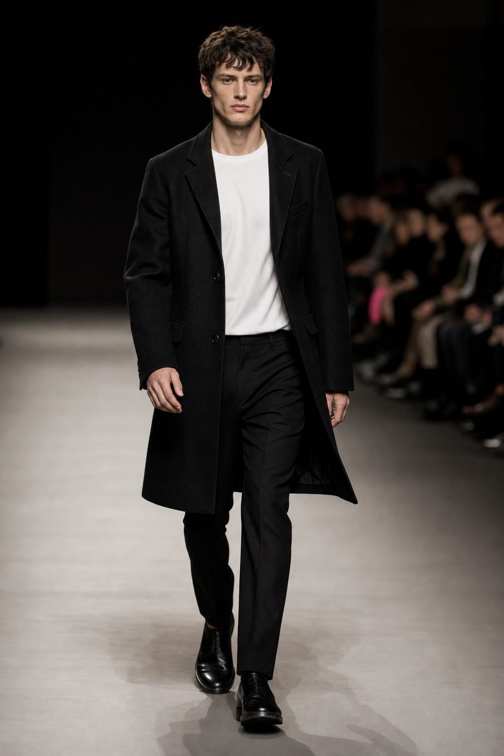 Male model walking the runway: longer stride, relaxed shoulders, arms swinging naturally