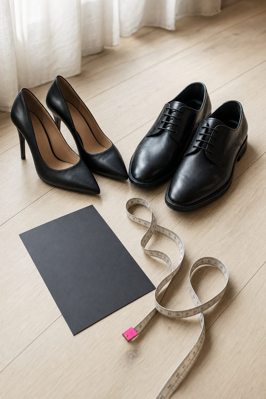 Classic black stiletto pumps and plain black men's shoes for a model casting