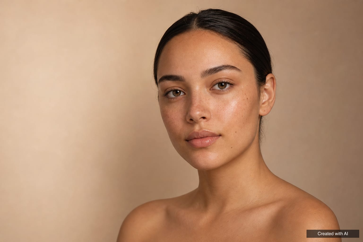A beauty shot Beauty shoot: a close-up portrait of a young woman with natural skin, light freckles and sleek dark hair on a warm beige backdrop