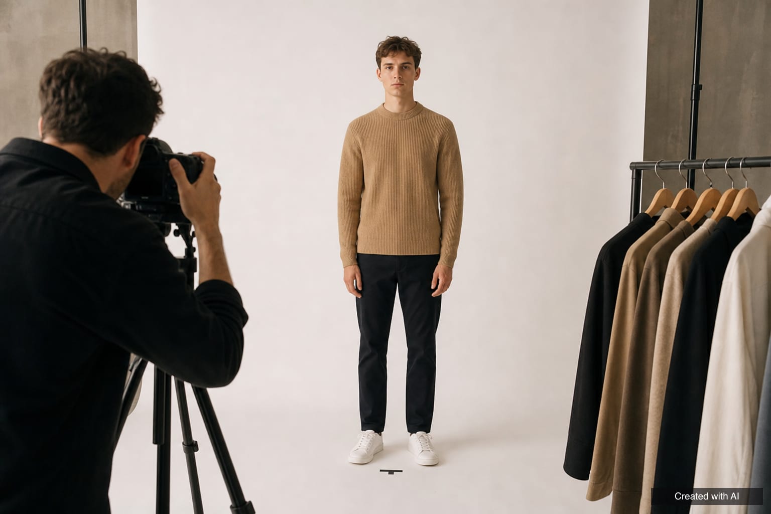 A photo model on an e-commerce shoot E-commerce shoot: a male model in a camel sweater stands on a white studio backdrop, a photographer with a camera on a tripod on the left and a clothing rail on the right