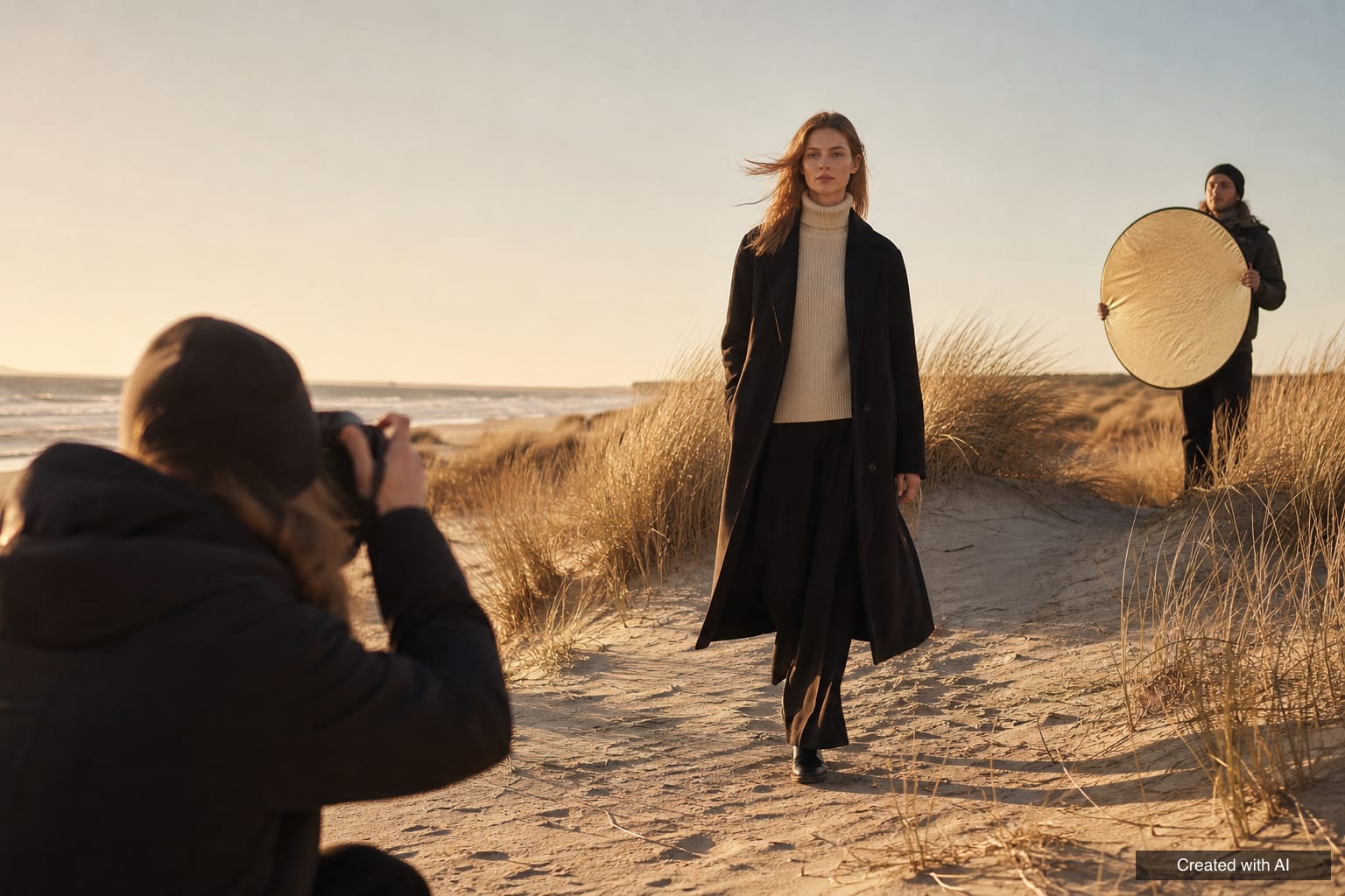 An outdoor editorial shoot Editorial shoot on coastal dunes: a model in a long black coat walks in the wind, a photographer crouches in the foreground and an assistant holds a gold reflector