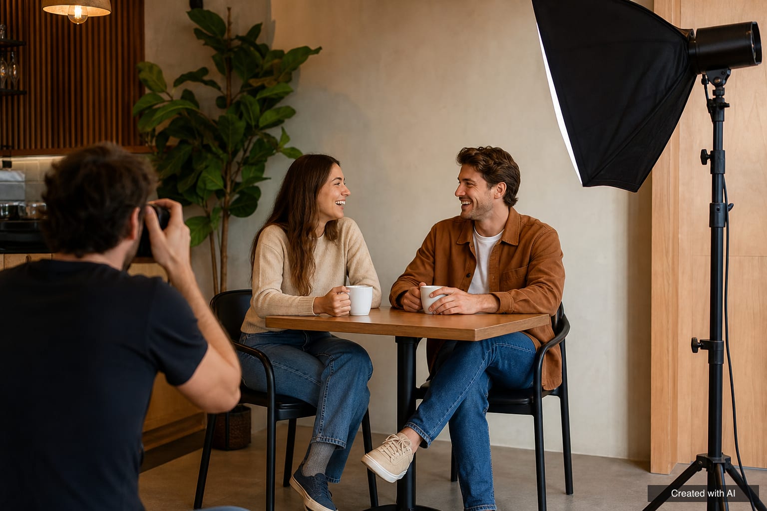 An advertising shoot Advertising shoot on a cafe set: a man and a woman laugh at a small table with coffee cups, a photographer in the foreground and a softbox on the right
