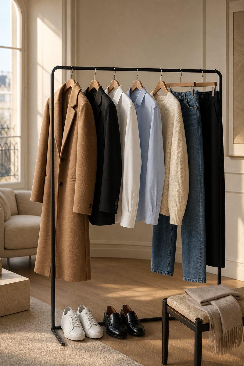 A capsule wardrobe on a rail