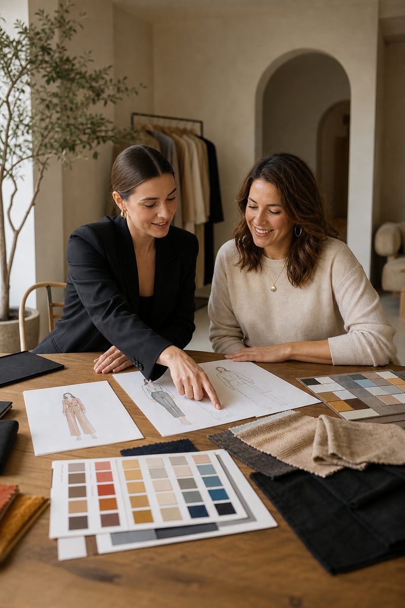 A stylist and a client at a consultation with colour palettes and silhouette sketches