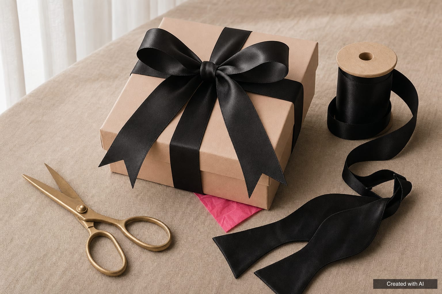 Gift box tied with a black satin ribbon bow, a spool of ribbon, scissors and an untied black silk bow tie