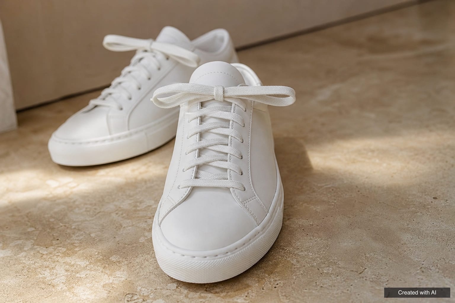White leather sneakers with laces tied in a neat bow lying across the shoe