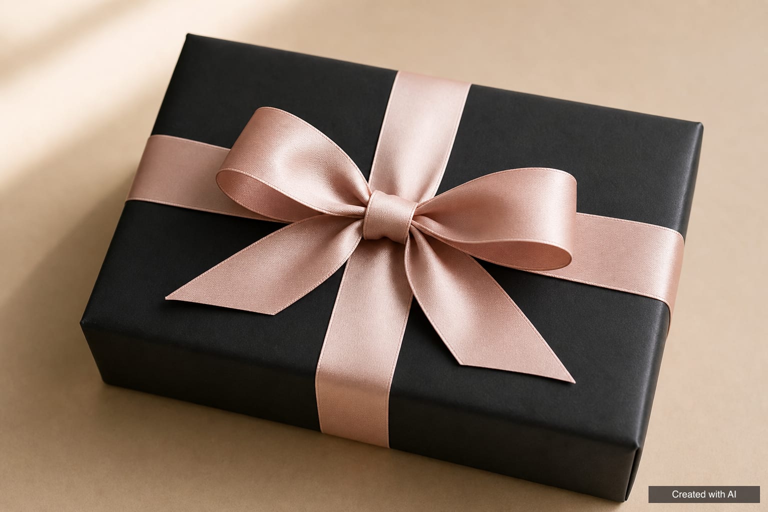 Gift box wrapped in black paper and tied both ways with blush satin ribbon finished in a two-loop bow