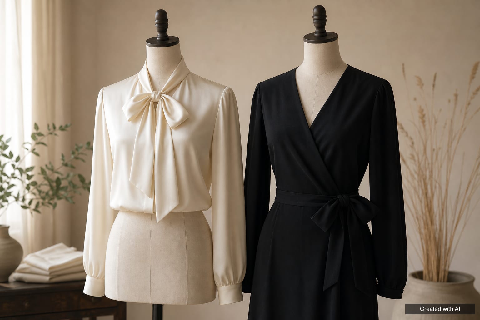 Cream silk pussy-bow blouse on a dress form next to a black wrap dress with its sash tied in a bow at the side of the waist