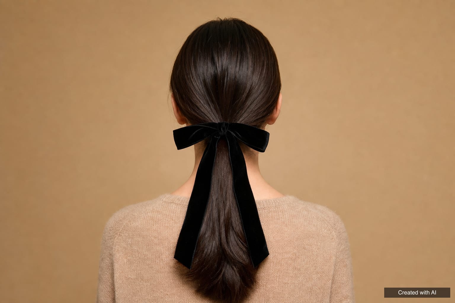 Woman seen from behind with a sleek low ponytail tied with a large black velvet bow with long tails
