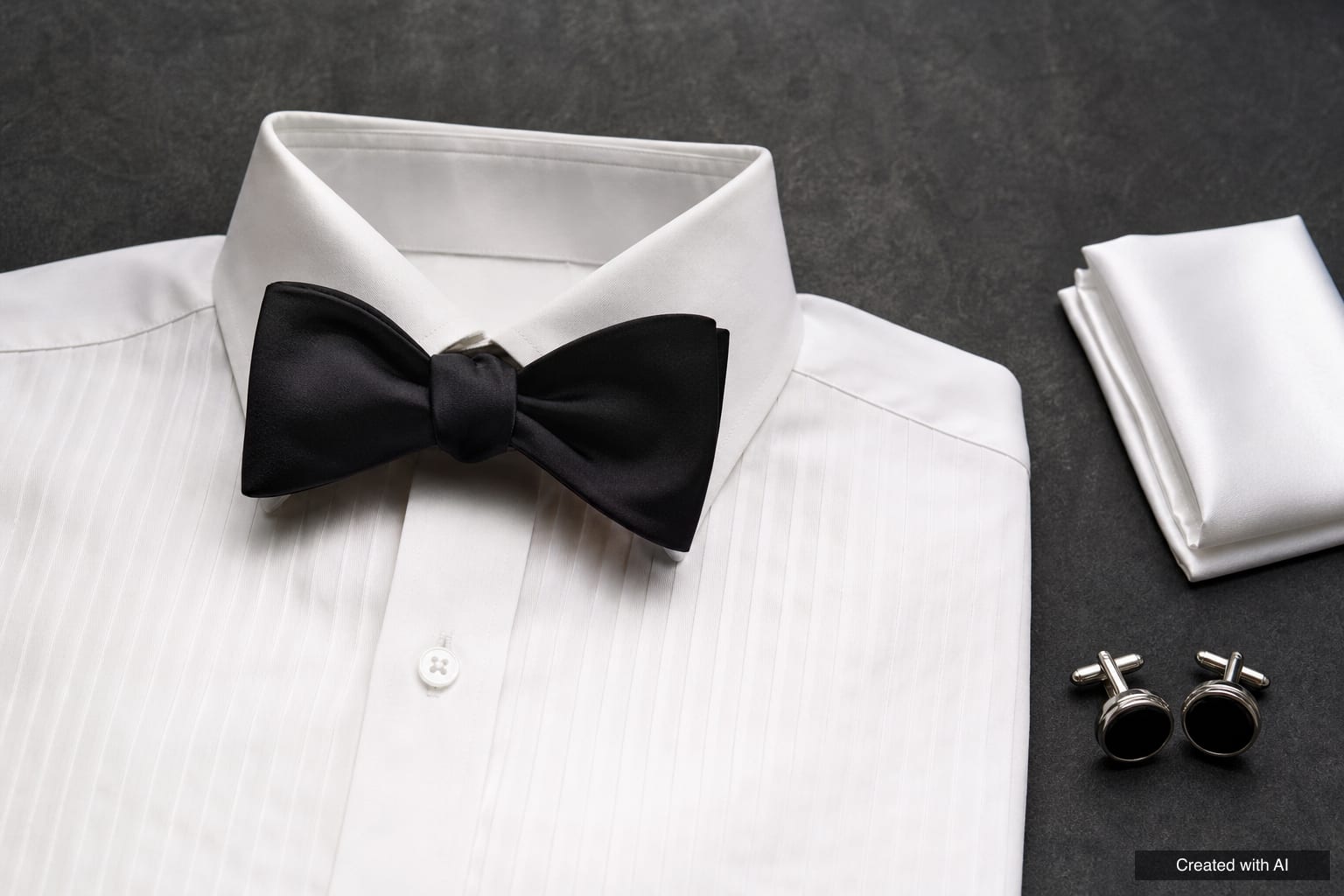 Hand-tied black silk bow tie on the collar of a white dress shirt next to cufflinks and a pocket square