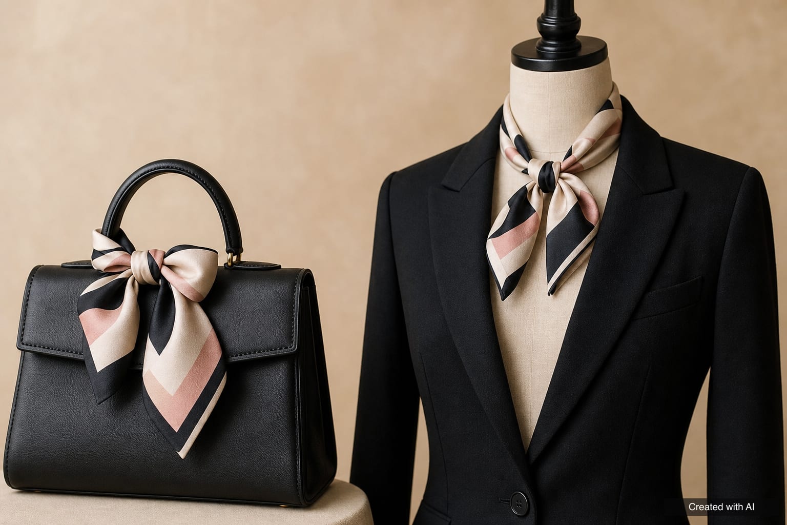Small silk scarf tied in a bow on the handle of a black handbag, and a scarf bow at the neck of a dress form wearing a black blazer