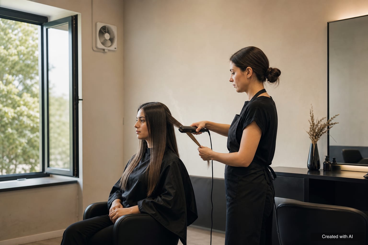 A stylist flat-irons a section of a client's hair in a ventilated salon with an open window and an extractor fan