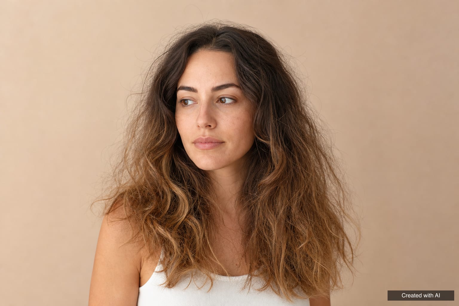 Woman with long brown hair before a keratin treatment: wavy, frizzy hair with dry ends