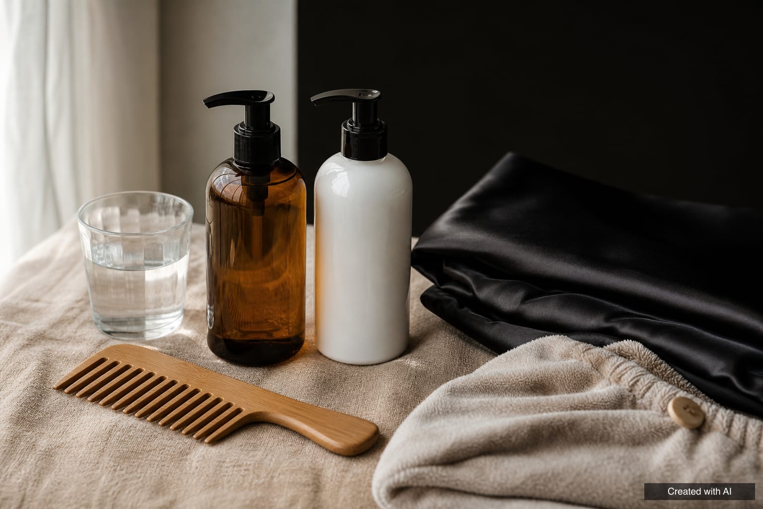 Aftercare after keratin: unlabelled shampoo and conditioner bottles, a wide-tooth wooden comb, a silk pillowcase and a towel